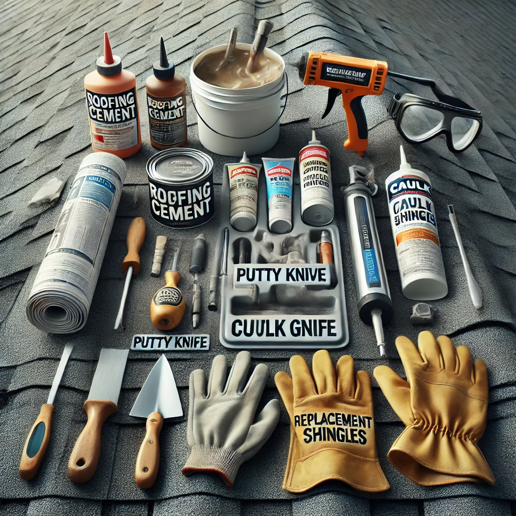 A close-up of essential tools needed for roof patching, including labeled items like "Roofing Cement," "Putty Knife," and "Replacement Shingles," arranged on a roof for a realistic, practical look.