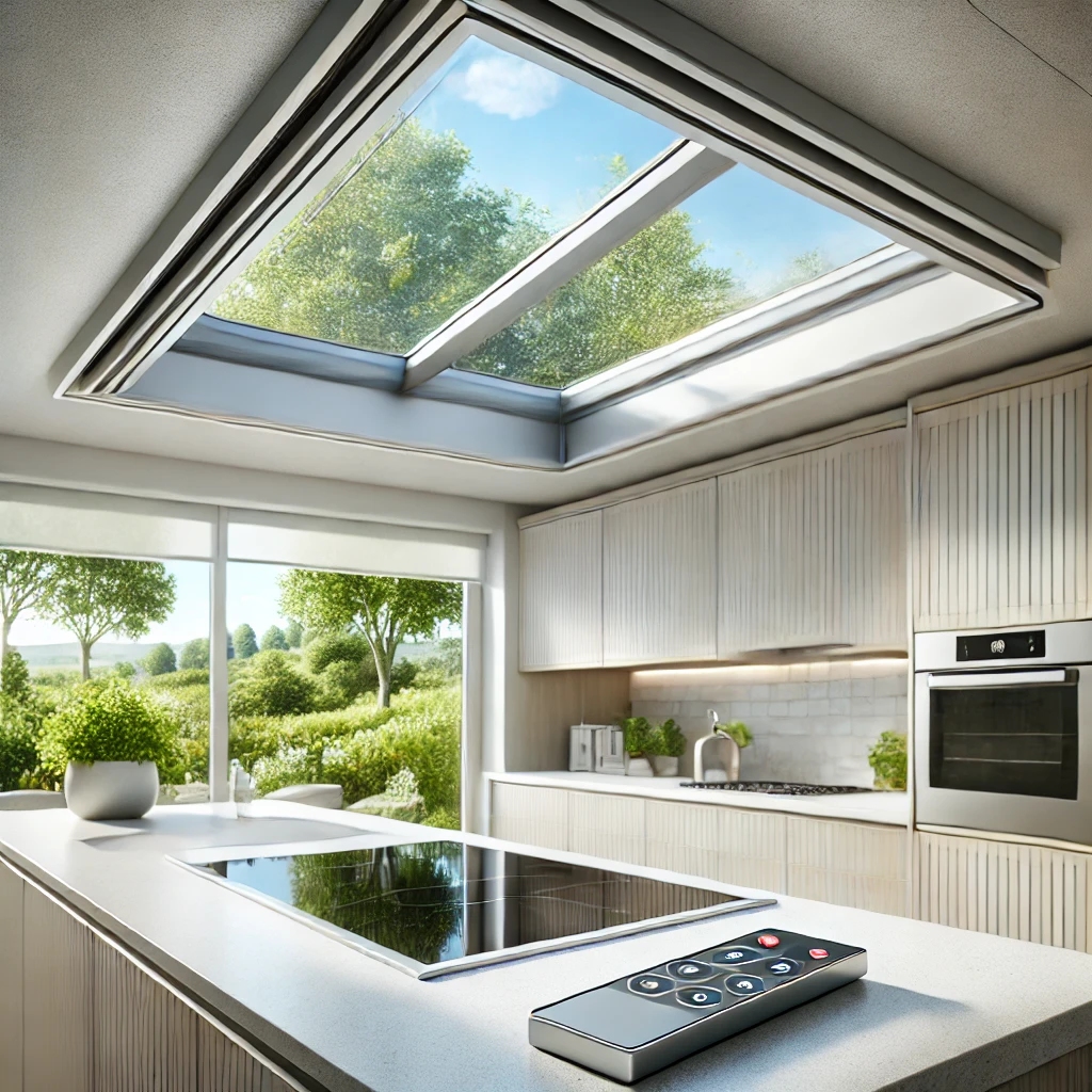 Kitchen with a south-facing electric skylight for light and ventilation