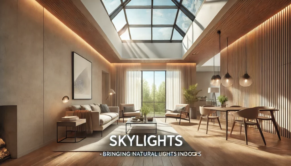 Modern home interior with skylight bringing natural light. 