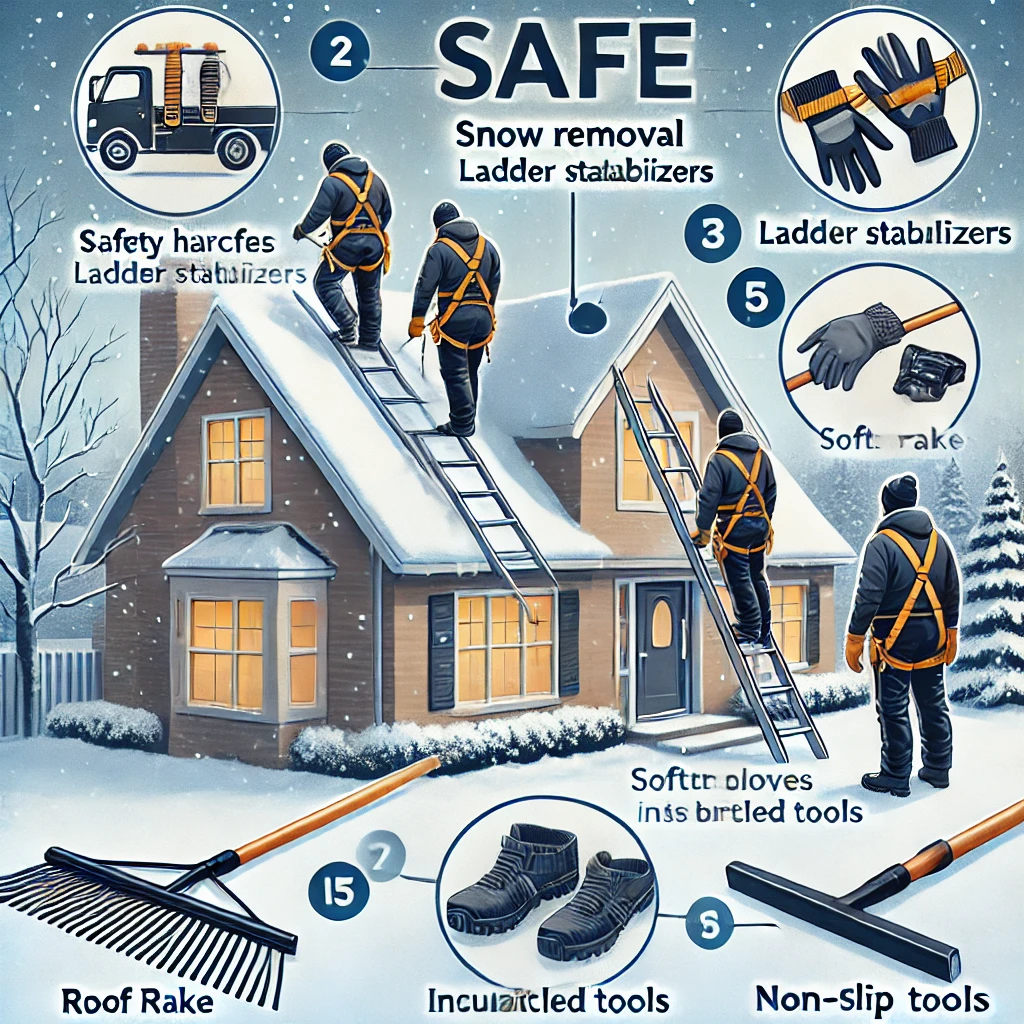 Diagram of safe roof snow removal techniques and tools