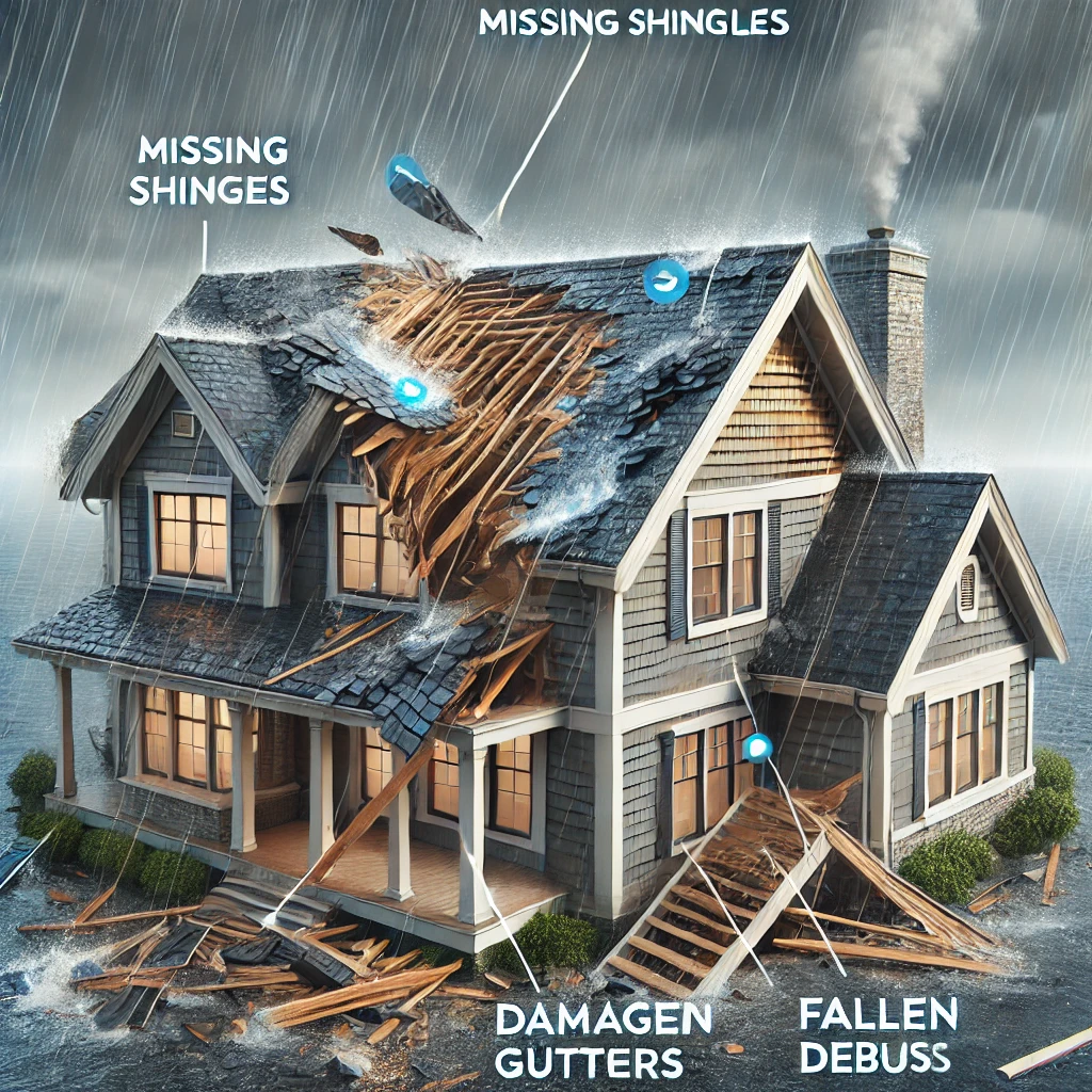 Storm-damaged roof with missing shingles, debris, and damaged gutters in Katy, TX after a severe storm