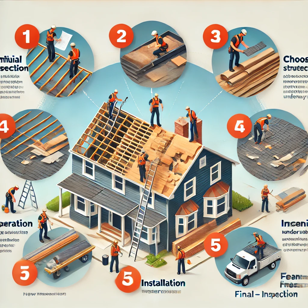 Roof replacement process steps with labeled pointers